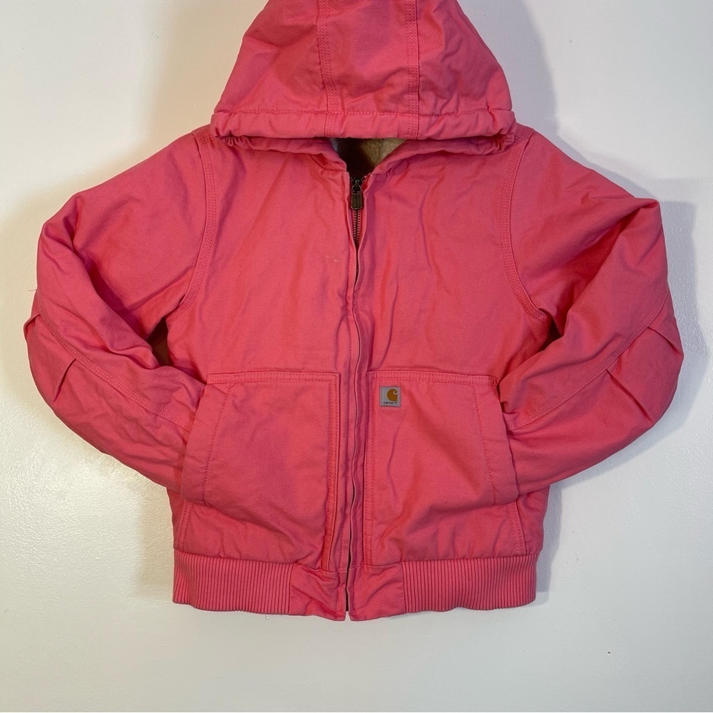 Carhartt Youth M 10-12 Coat Duck Canvas Girls Sherpa Lined Hooded Jacket Pink